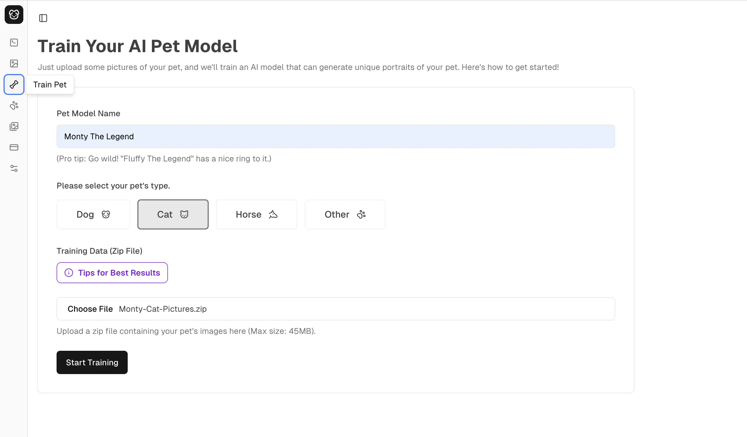 Upload pet pictures to train AI model