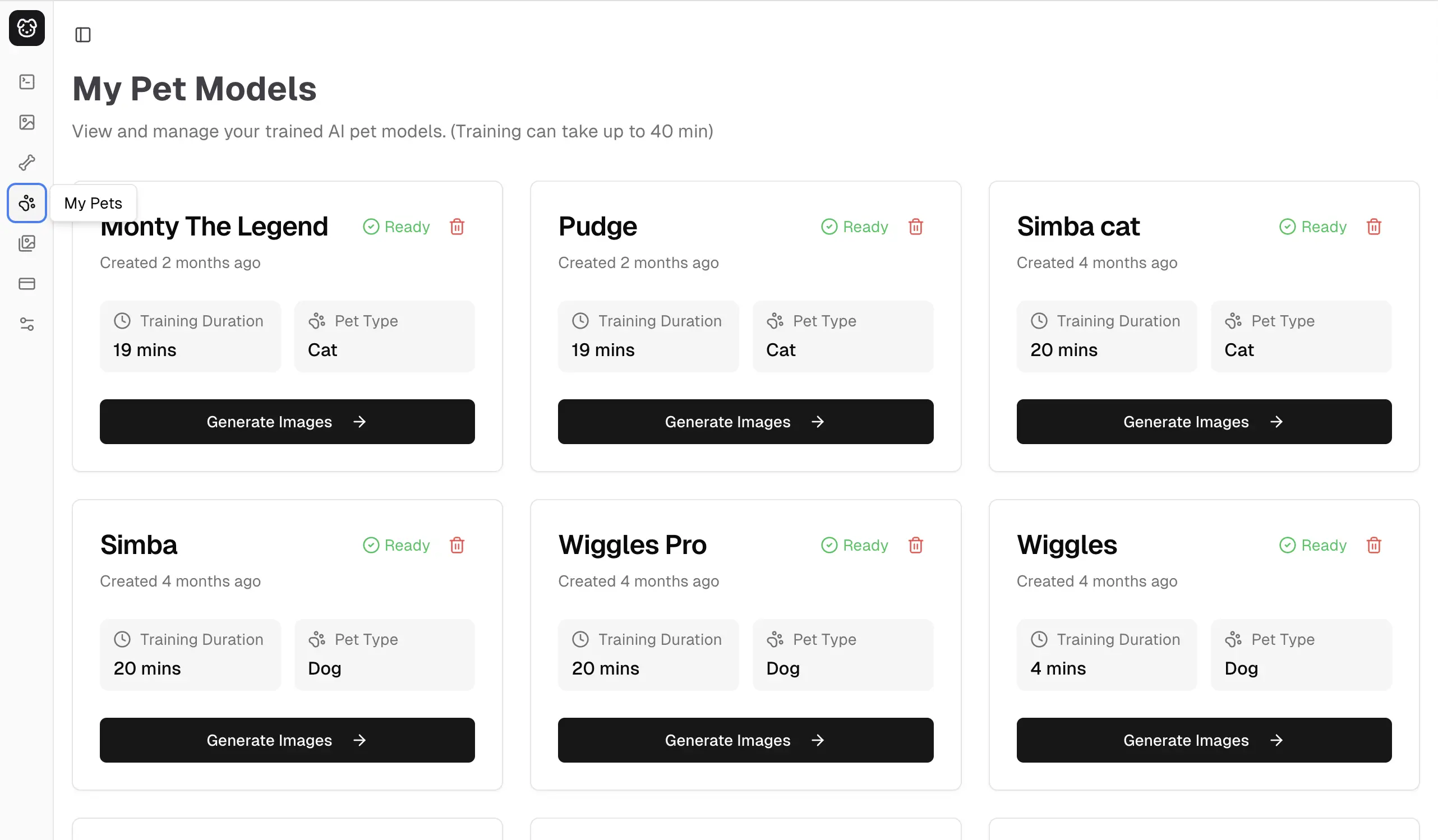 My Pets page showing training status