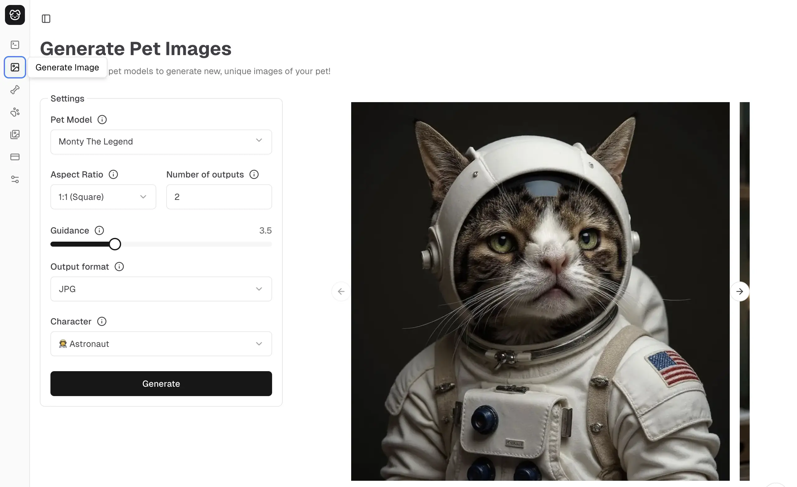 Generate Image page for pet portraits